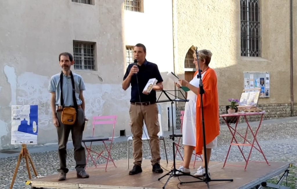 Michele Carini con Giulio Pavignano e Daniela Francese sul palco della Fiera Letteraria Biellese - Starter Edition